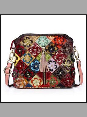 Genuine Leather Crossbody Bag Floral Small Adjustable Strap Handbag